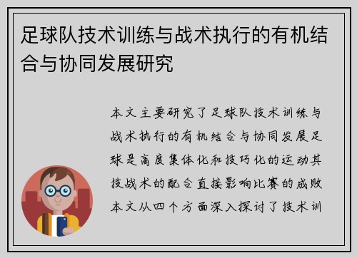 足球队技术训练与战术执行的有机结合与协同发展研究
