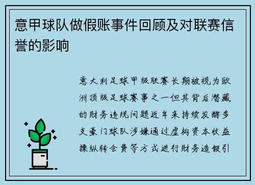 意甲球队做假账事件回顾及对联赛信誉的影响